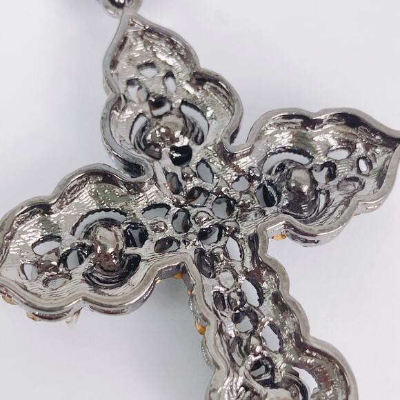 Gothic Cross Necklace Black Glass Rhinestone Silver Tone Statement Faith Pendant - Picture 11 of 13